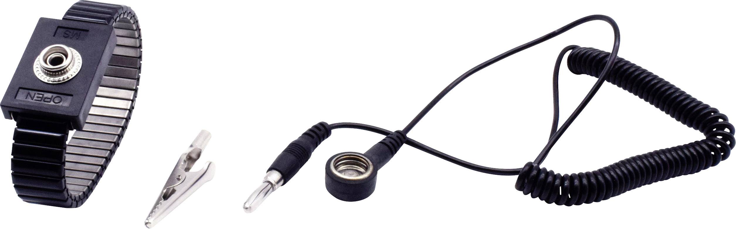 Antistatik-Armband mit Kabel und Krokodilklemme zur Entladung statischer Elektrizität bei Arbeiten an empfindlichen elektronischen Geräten.