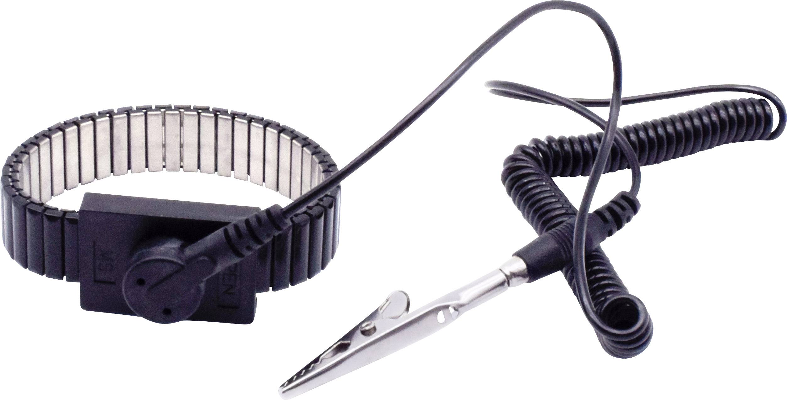 Ein schwarz-silbernes antistatisches Armband mit einem Krokodilklemmen-Kabel, das statische Elektrizität bei der Arbeit mit Elektronik ableitet.