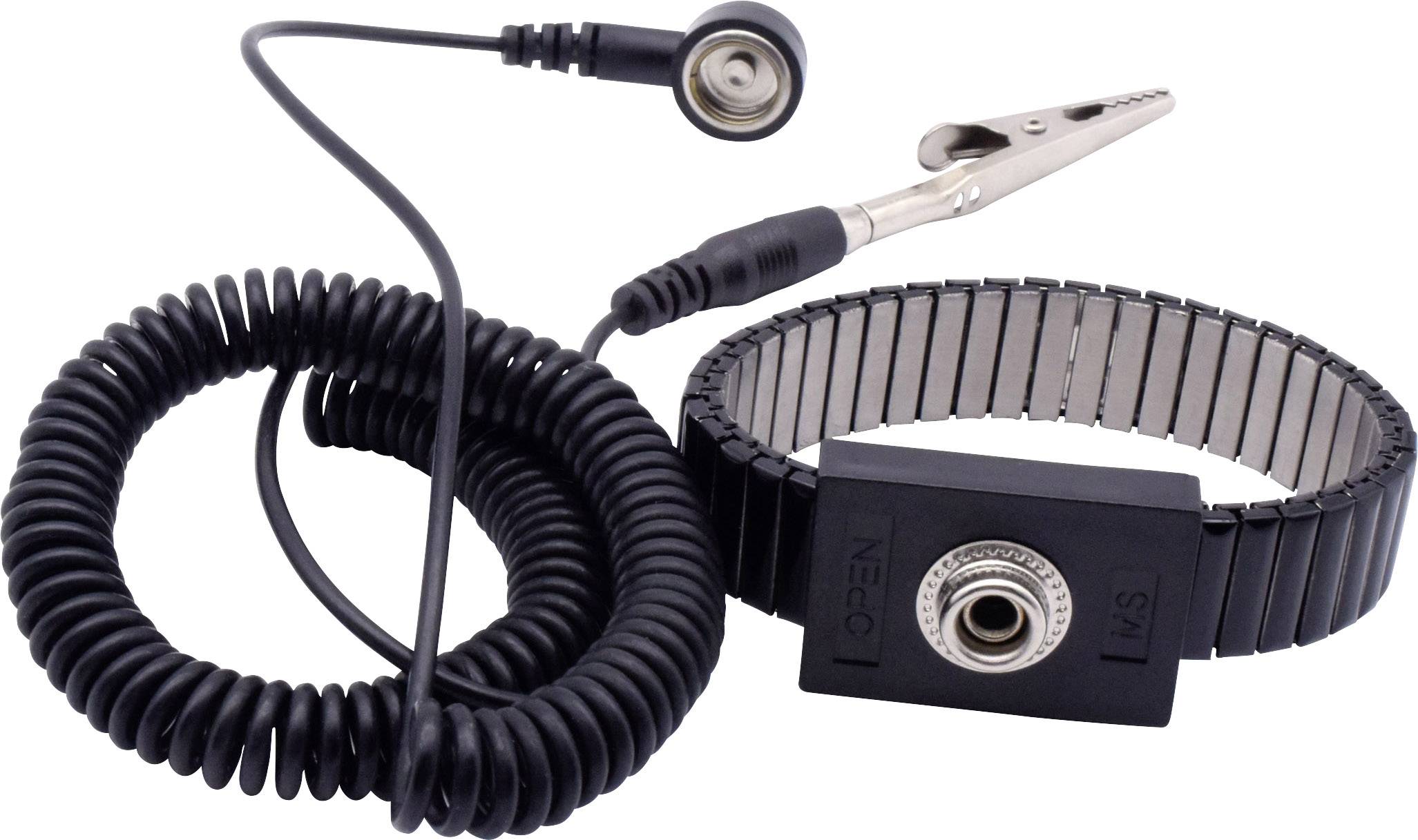 Antistatik-Armband mit Spiralkabel und Krokodilklemme, zur Ableitung von statischer Elektrizität, typisch im Elektronikbereich genutzt.