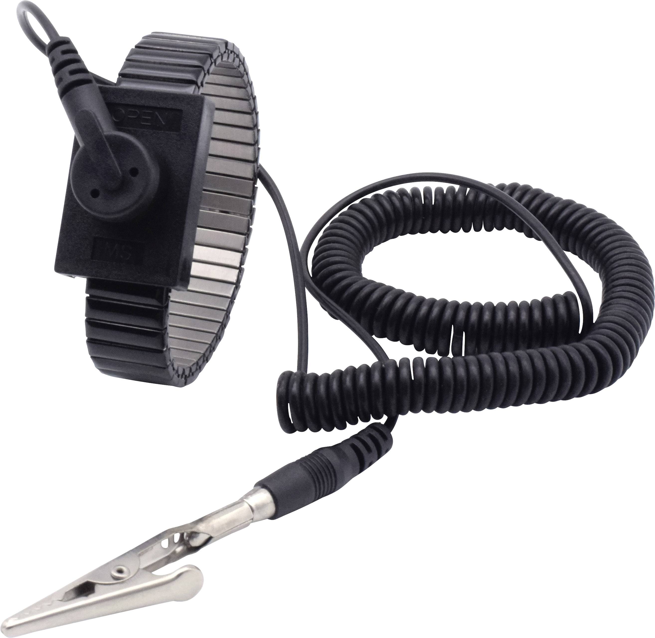 Kabel mit spiralförmiger Umwicklung, endet in einer Metallklemme. Wird oft für elektrostatische Entladung verwendet.