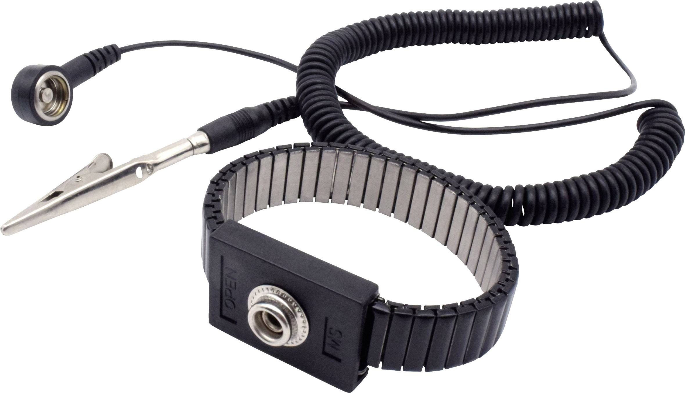 Ein schwarzes Antistatik-Armband mit erweiterbarer Spiralschnur und Metallklemme, zur Erdung und Verhinderung von elektrostatischer Entladung.