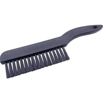 Eine schwarze Kunststoffbürste mit langen, dichten Borsten. Sie hat einen ergonomischen Griff und dient zur Reinigung von Oberflächen.