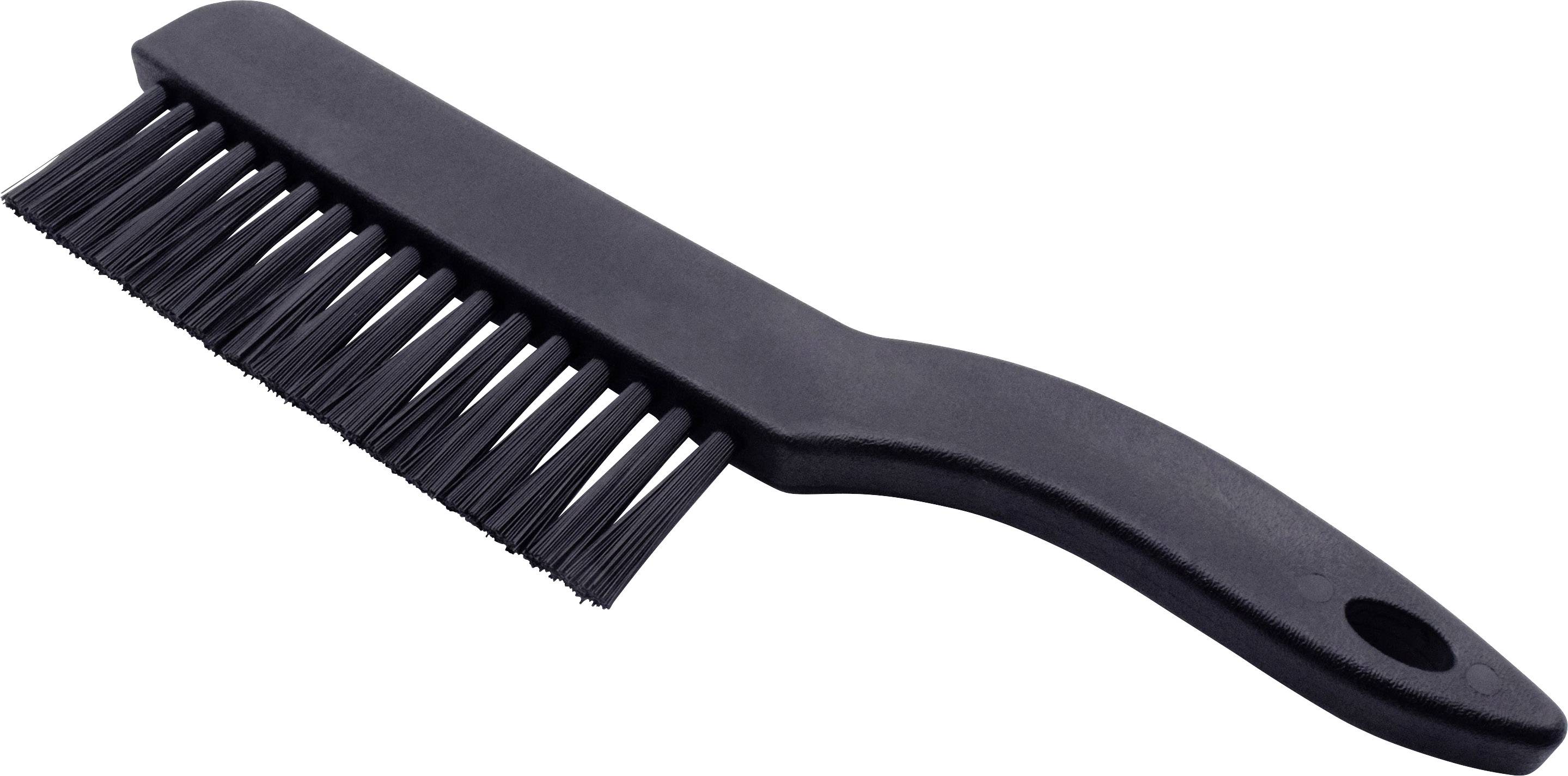 Eine schwarze Bürste mit steifen Borsten und einem ergonomischen Griff, die wahrscheinlich zum Reinigen von Oberflächen verwendet wird.