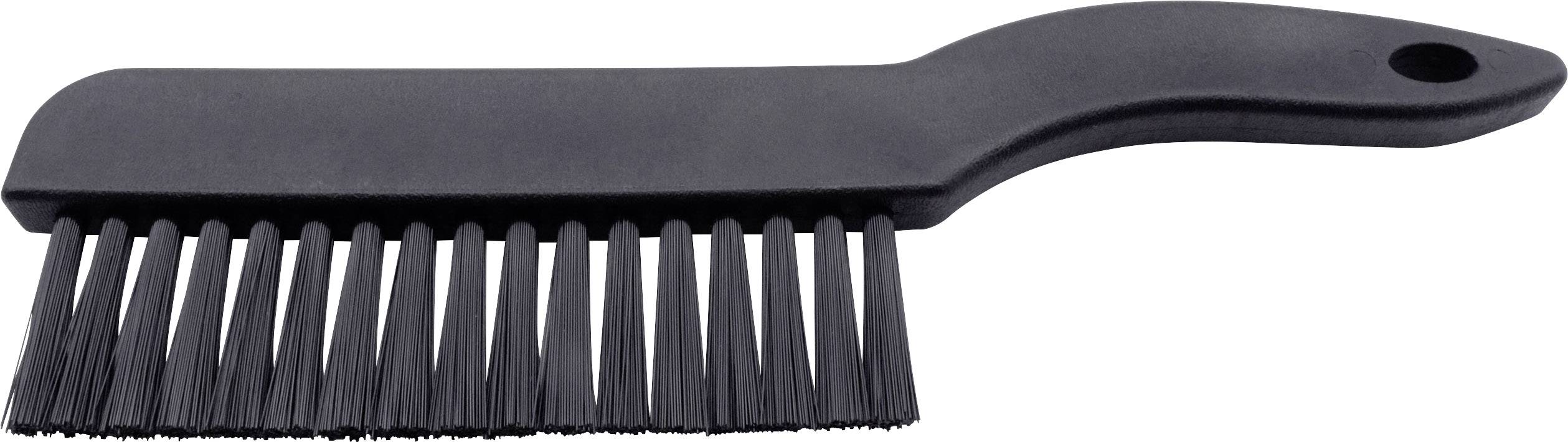 Eine schwarze, flache Bürste mit einem gebogenen Griff und gleichmäßig angeordneten Borsten.