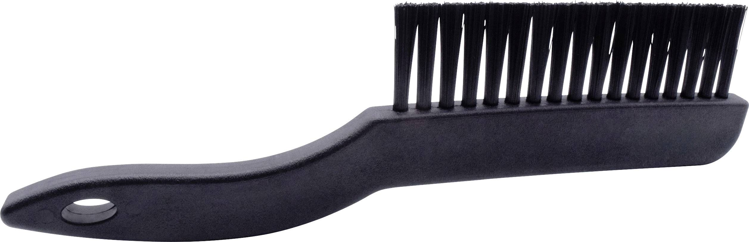 Eine schwarze Drahtbürste mit langem Griff und Borsten, verwendet zum Reinigen oder Entfernen von Rost und Schmutz.