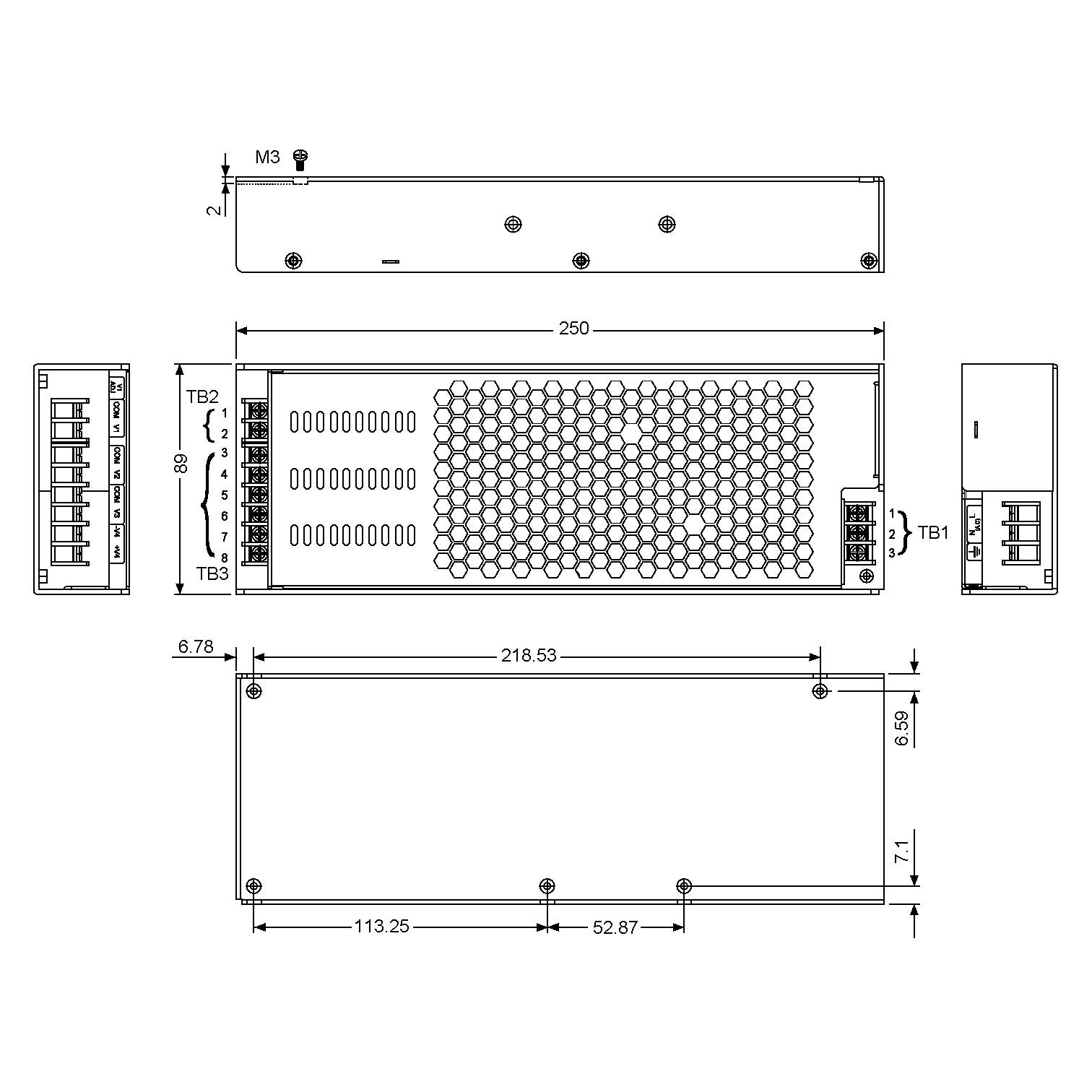 Technische Zeichnung eines rechteckigen Geräts mit Lüftungsgittern und elektrischen Anschlüssen. Maße sind auf Englisch angegeben.
