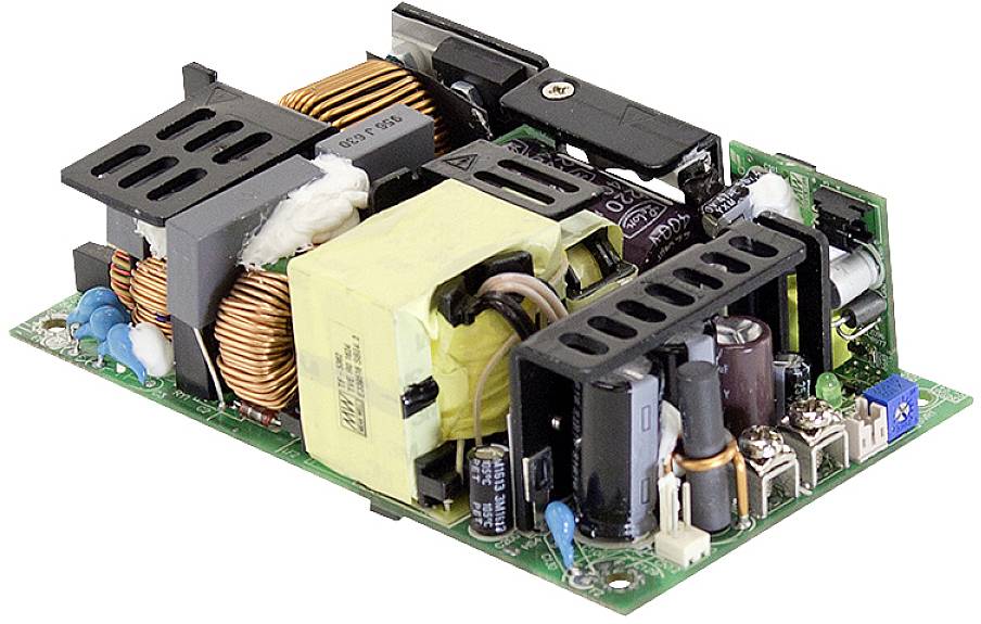 Eine offene elektronische Schaltung mit zahlreichen kompakt angeordneten Komponenten, darunter Spulen, Kondensatoren und Transformatoren, auf einer grünen Leiterplatte.