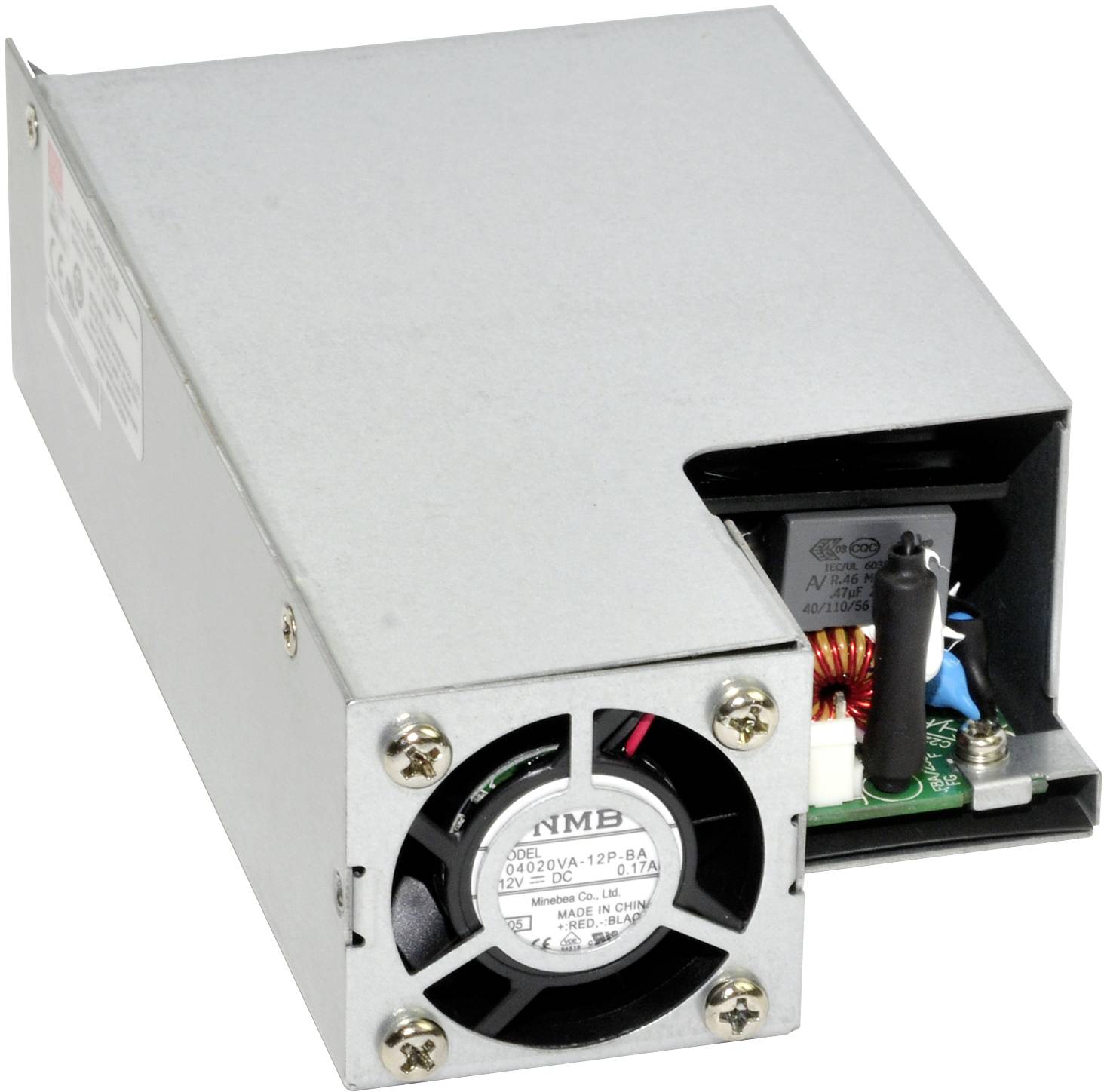 Ein rechteckiges Metallnetzteil mit Lüfter auf der Vorderseite und offenen Kabelanschlüssen auf der Rückseite, verwendet für Elektronikgeräte.
