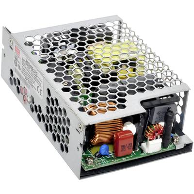 Schaltnetzteil in einem Metallgehäuse mit Wabengitter. Sichtbare elektronische Komponenten wie Kondensatoren und Spulen. Geeignet für technische Anwendungen.