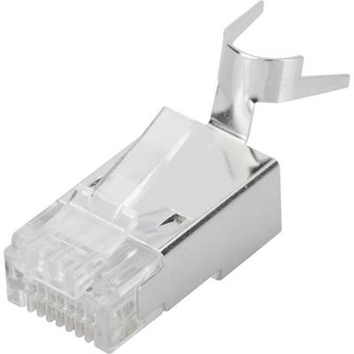 'RJ45-Stecker mit Metallabschirmung und Kunststoffgehäuse, geeignet für Ethernet-Netzwerkkabelverbindungen.'