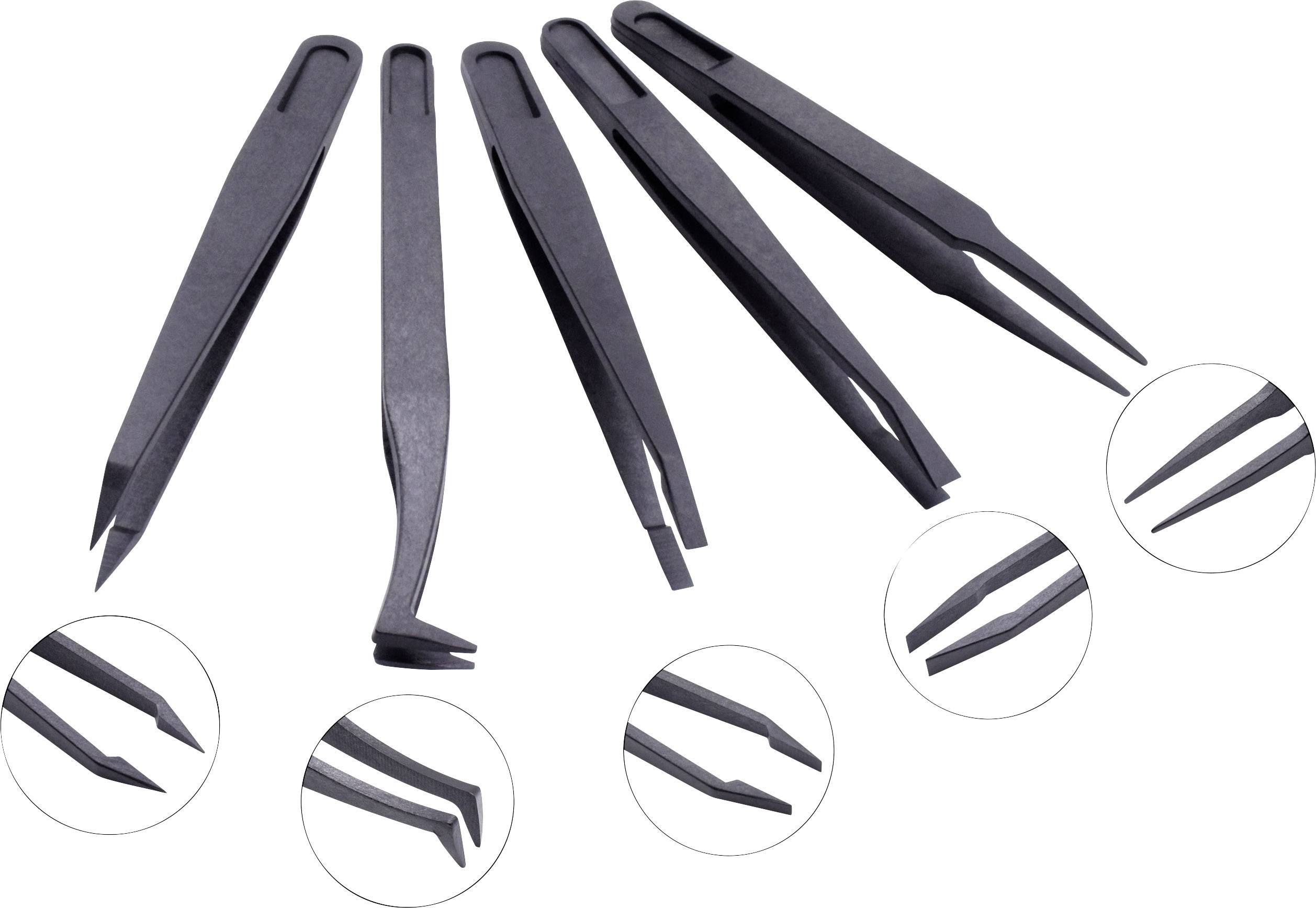 Fünf verschiedene schwarze Pinzetten liegen nebeneinander. Kleine Kreise zeigen Nahaufnahmen ihrer Spitzen. Sie sind für präzise Arbeiten gedacht.