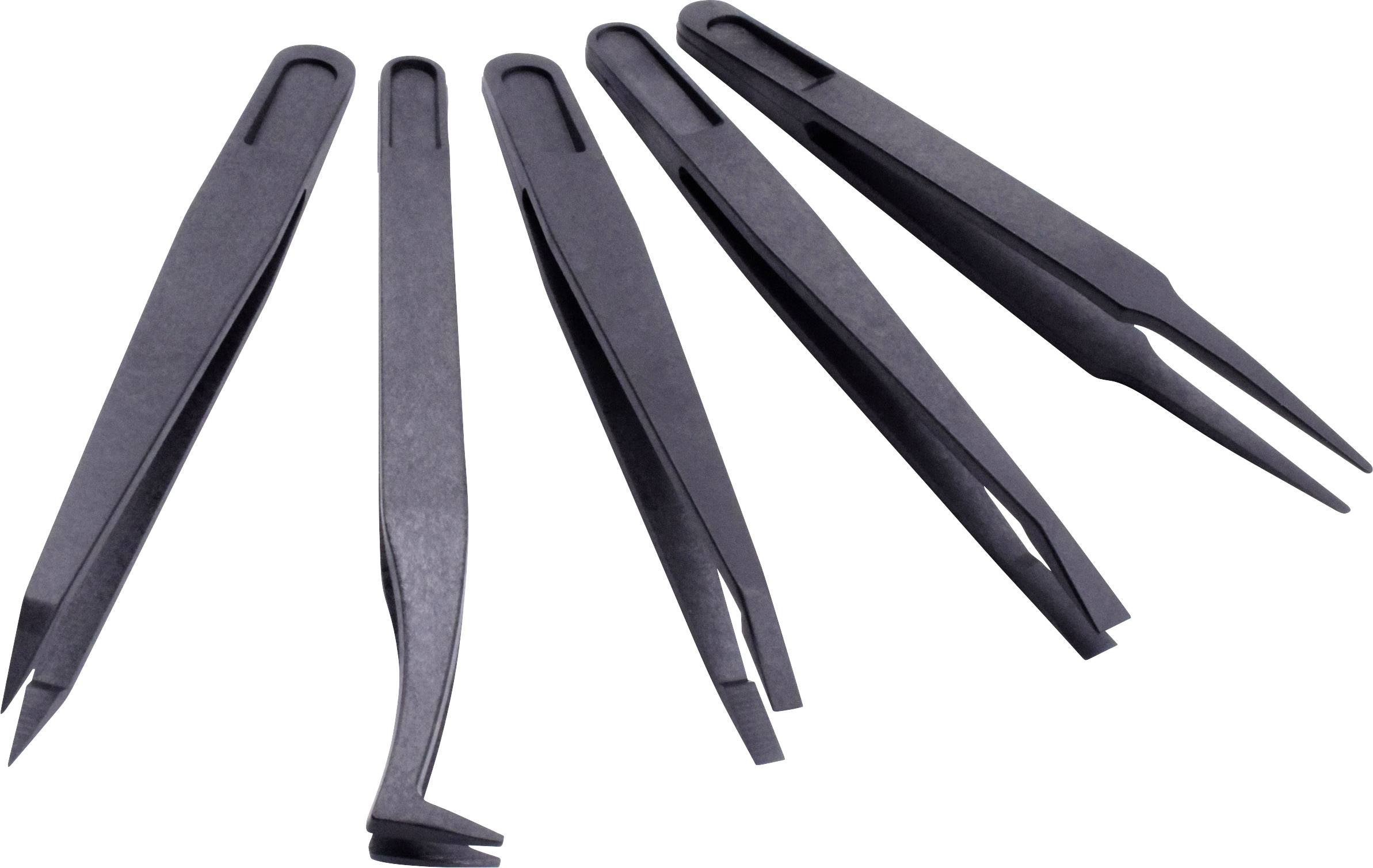 Fünf schwarze Pinzetten in verschiedenen Formen und Spitzen, nebeneinander auf weißem Hintergrund liegend.