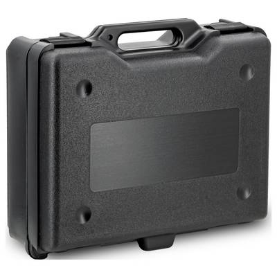 Schwarze Hartschalentragetasche mit Griff und Verschlüssen, geschlossen auf weißem Hintergrund dargestellt.