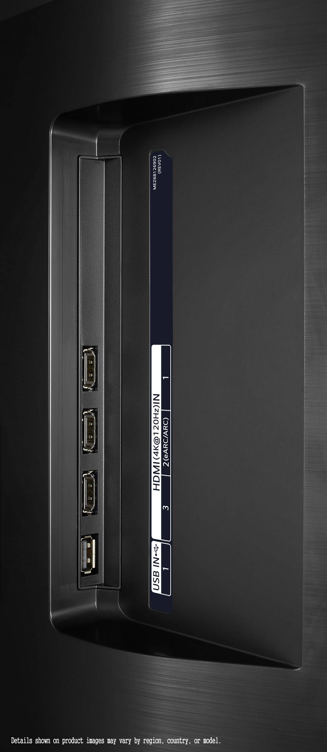 Computer-Monitor-Anschlussfeld mit drei HDMI-Anschlüssen und einem DisplayPort, umgeben von einem schwarzen Rahmen.