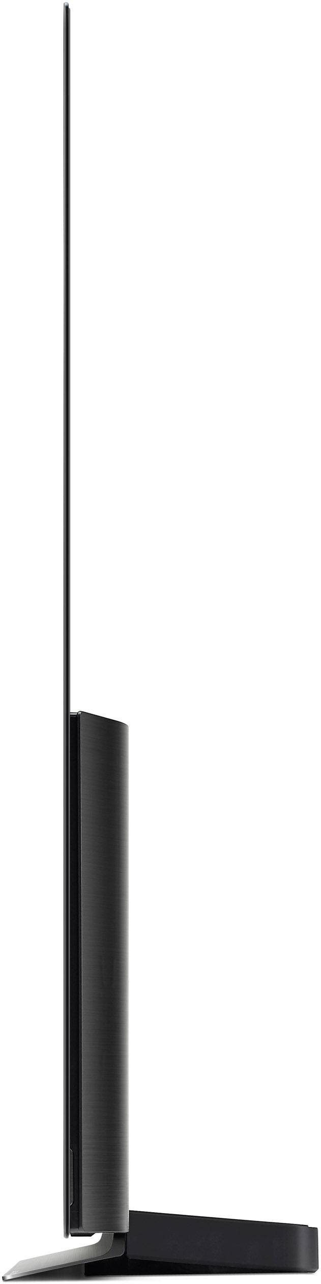 Seitenansicht eines ultradünnen Fernsehers auf einem schwarzen Standfuß. Der Bildschirm ist sehr schlank und minimalistisch gestaltet.