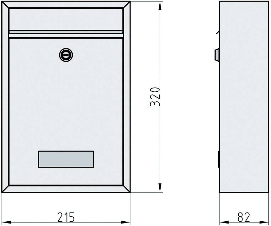 Zeichnung eines rechteckigen Briefkastens mit Abmessungen: 320 mm Höhe, 215 mm Breite und 82 mm Tiefe, seitliche Ansicht.