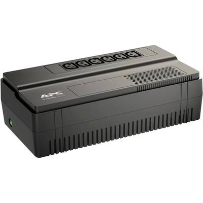 Eine schwarze USV-Anlage mit mehreren Steckdosen oben, von der Marke APC, für den Schutz elektronischer Geräte bei Stromausfällen.