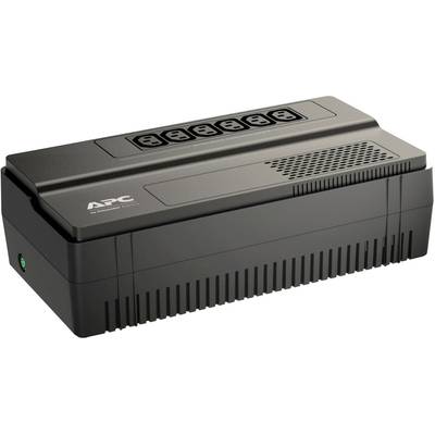 Schwarze USV mit mehreren Steckdosen auf der Oberseite. Markierung 'APC' auf der Vorderseite. Verwendet zur Absicherung elektrischer Geräte.