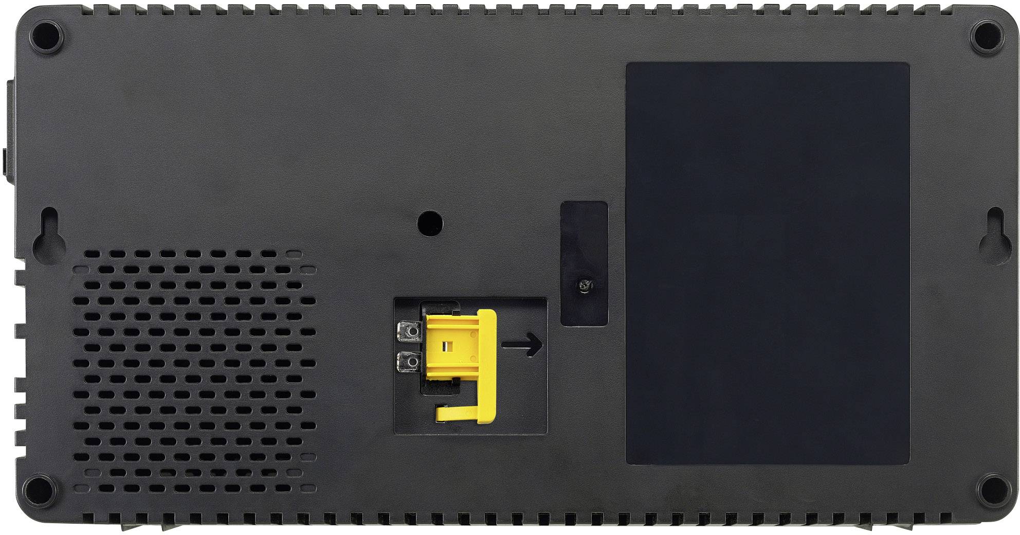 Rückseite eines elektrischen Geräts mit Lautsprechergitter links, gelbem Sicherungsfach in der Mitte und dunkler Abdeckung rechts.