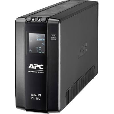 Ein schwarzes APC Back-UPS Pro 650 von Schneider Electric, zeigt an einem Display eine verbleibende Batterielaufzeit von 75 Minuten.