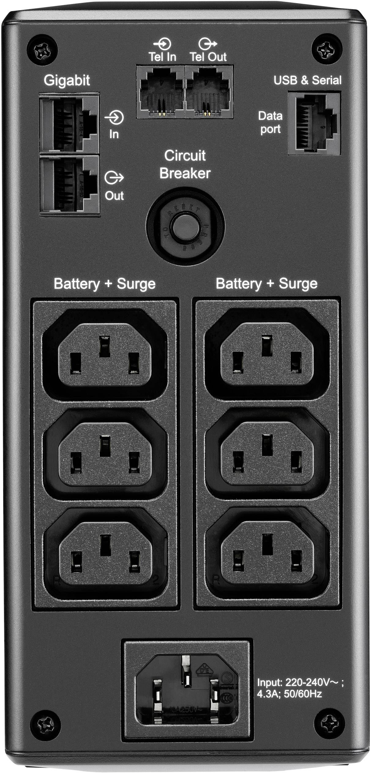 Rückseite einer USV-Einheit mit Steckdosen, Gigabit-Anschlüssen, USB- und Seriell-Port und Schalter. Eignet sich für Stromausfallschutz.