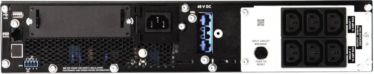 Rückseite eines Server-Netzteils mit mehreren Steckplätzen und Anschlüssen, einschließlich Steckdosen und Lüftungsschlitzen.