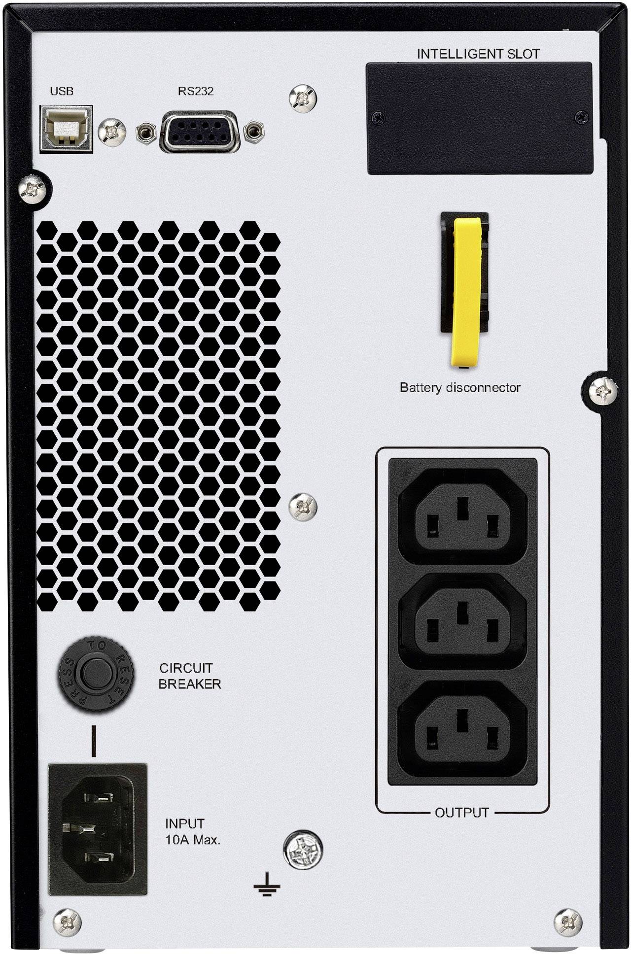 Rückseite einer USV mit USB- und RS232-Anschlüssen, intelligentem Slot, Batterieschalter, Leistungsschalter und Steckdosenanschlüssen.