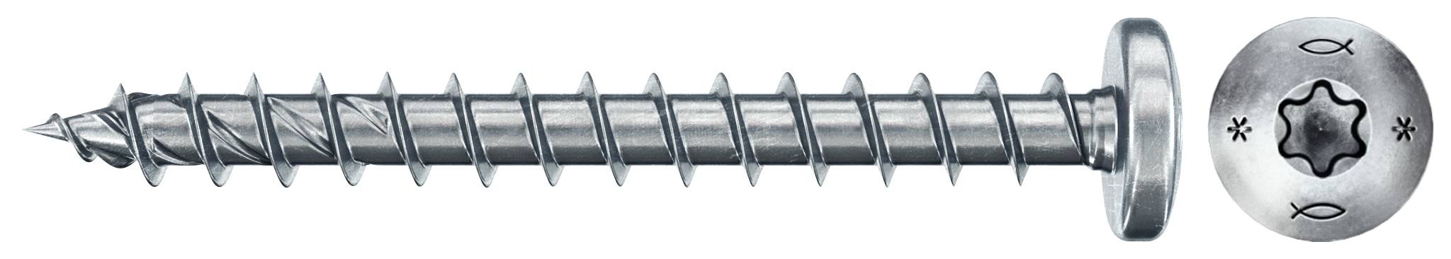 Eine Metallschraube mit einer Unterlegscheibe und einem sternförmigen Antriebskopf, horizontal auf weißem Hintergrund dargestellt.