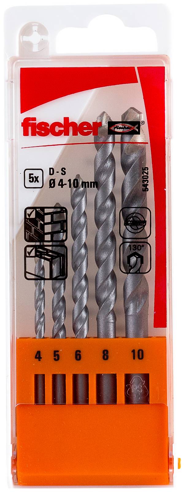 Fischer 543025 Stein-Spiralbohrer-Set 5teilig 4 mm, 5 mm, 6 mm, 7 mm, 8 mm, 9 mm, 10 mm Zylinderschaft 1 Set
