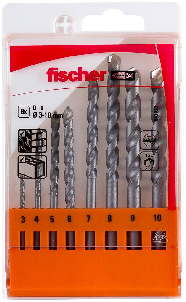 Fischer D-S 543027 Stein-Spiralbohrer-Set 8teilig 3 mm, 4 mm, 5 mm, 6 mm, 7 mm, 8 mm, 9 mm, 10 mm Zylinderschaft 1 Set