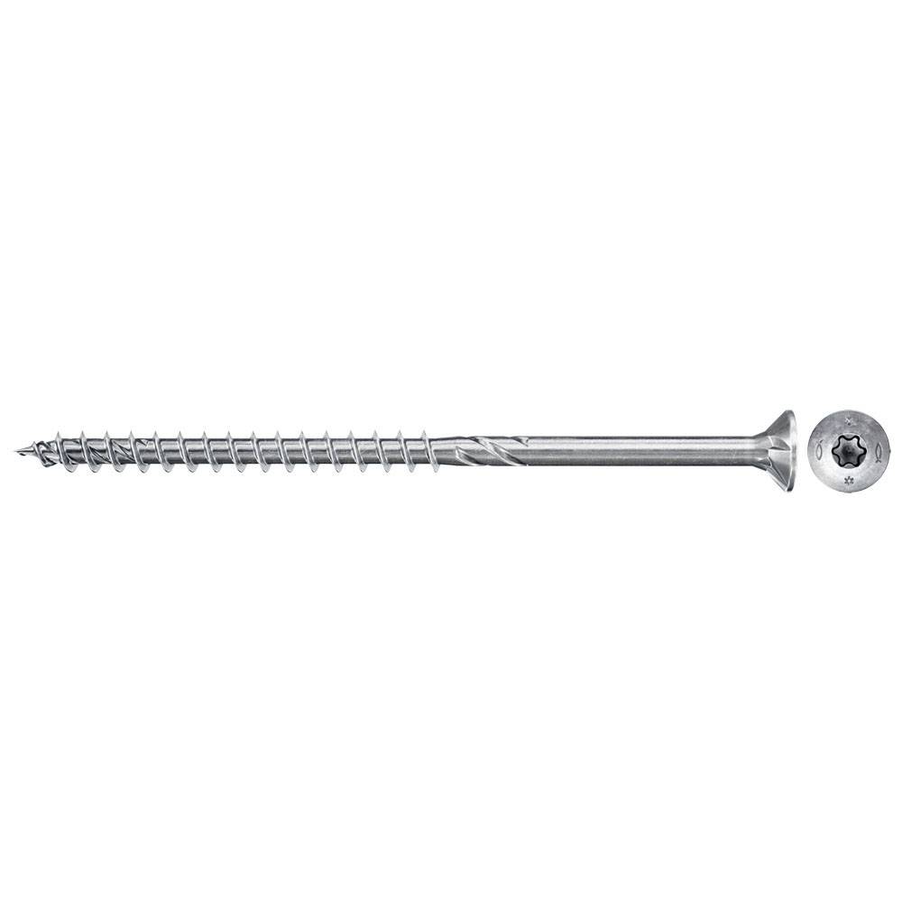 Ein silberner Holzschraube mit einem Torx-Antrieb, lang und dünn, geeignet für Holzkonstruktionen.