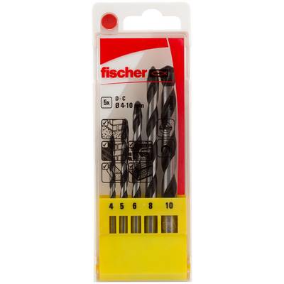 Kunststoffbohrbitset in Verpackung mit der Bezeichnung „fischer" mit 5 D-C 4 10 mm Bits, gezeigt in einem durchsichtigen rot-gelben Koffer.