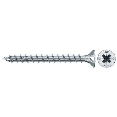 Metallschraube mit Seiten- und Kopfansicht, mit Phillips-Antrieb und versenktem Flachkopf.