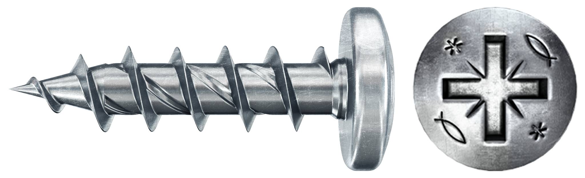 Metallschraubenanker mit Kreuzschlitz-Kopf, seitlich abgebildet und als Kopfnahaufnahme.