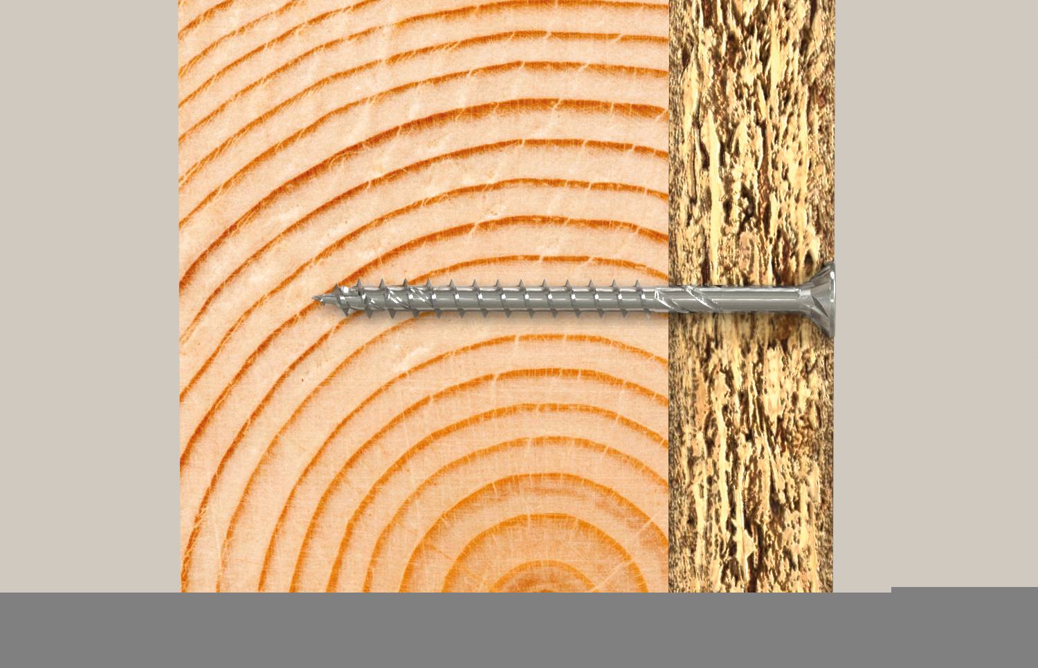 Nahaufnahme einer Schraube, die horizontal durch einen Holzpfosten in ein zweites strukturiertes Material getrieben wird, wobei die Befestigungsverbindung gezeigt wird.