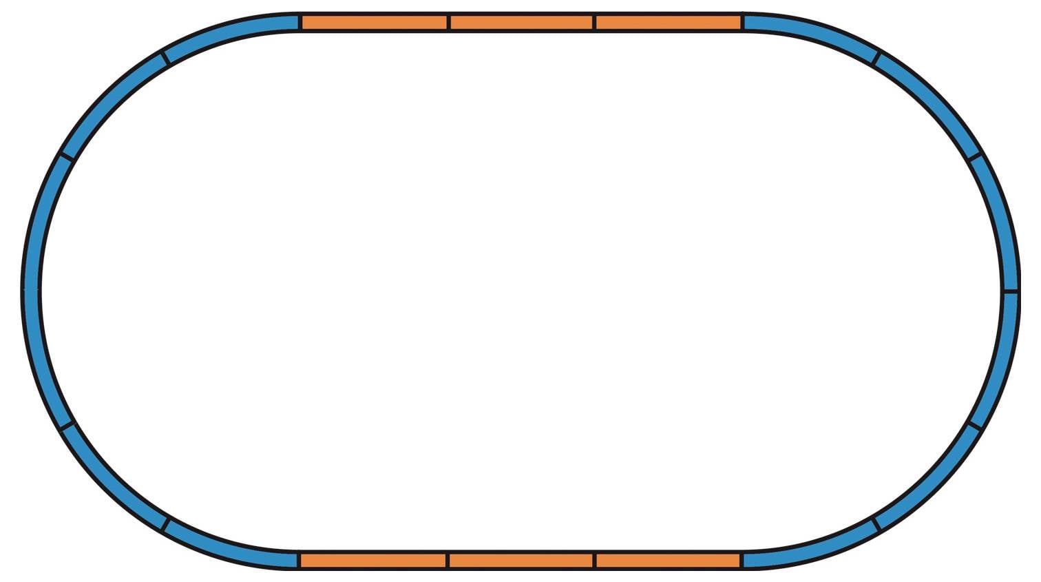 Ovale Rennstrecke aus blauen Linien, unterbrochen durch kurze orangefarbene Abschnitte, auf weißem Hintergrund.