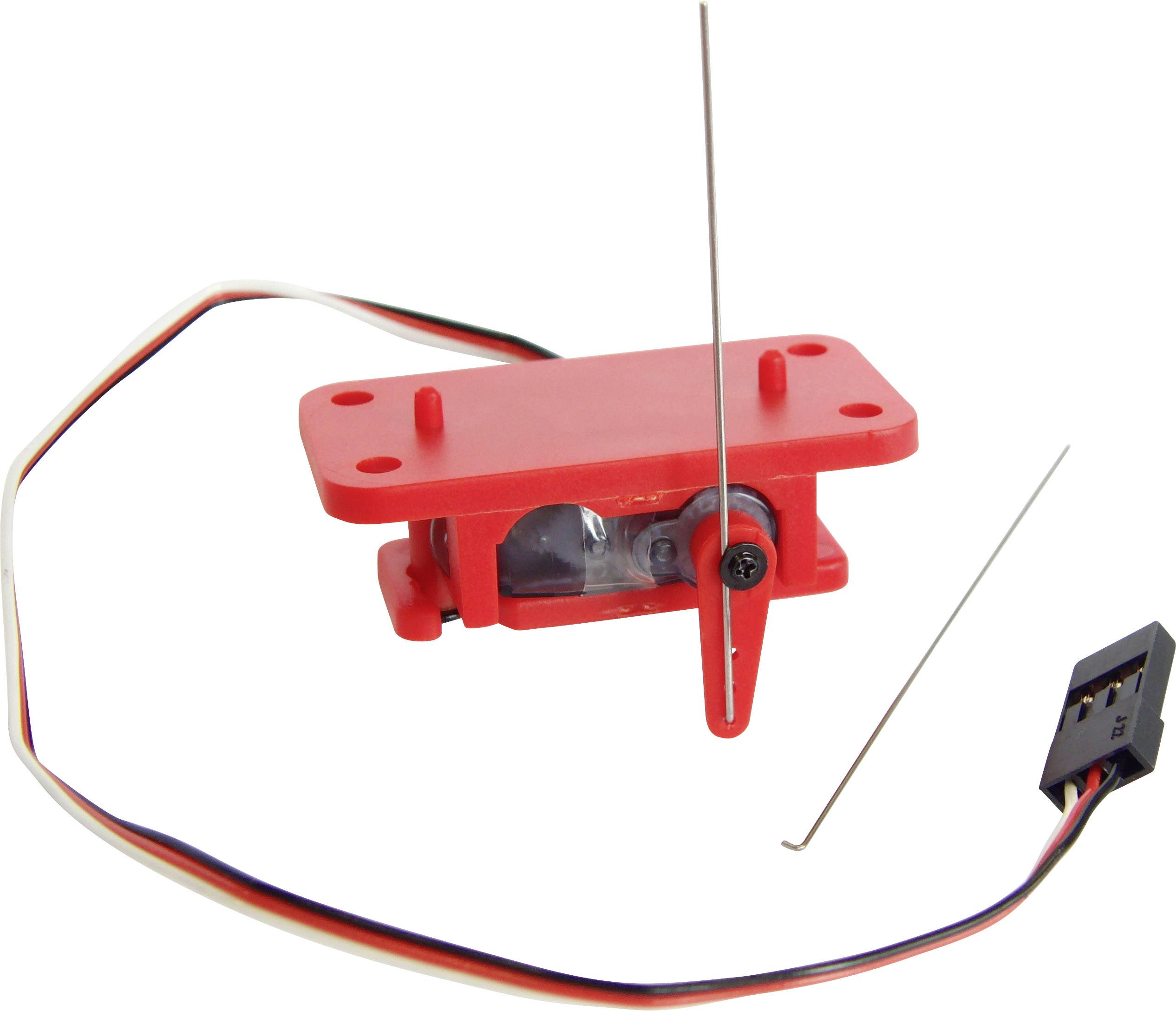 Roter Windsensor mit Elektronik, drei Anschlussdrähte und langer Metallstab für Messungen.