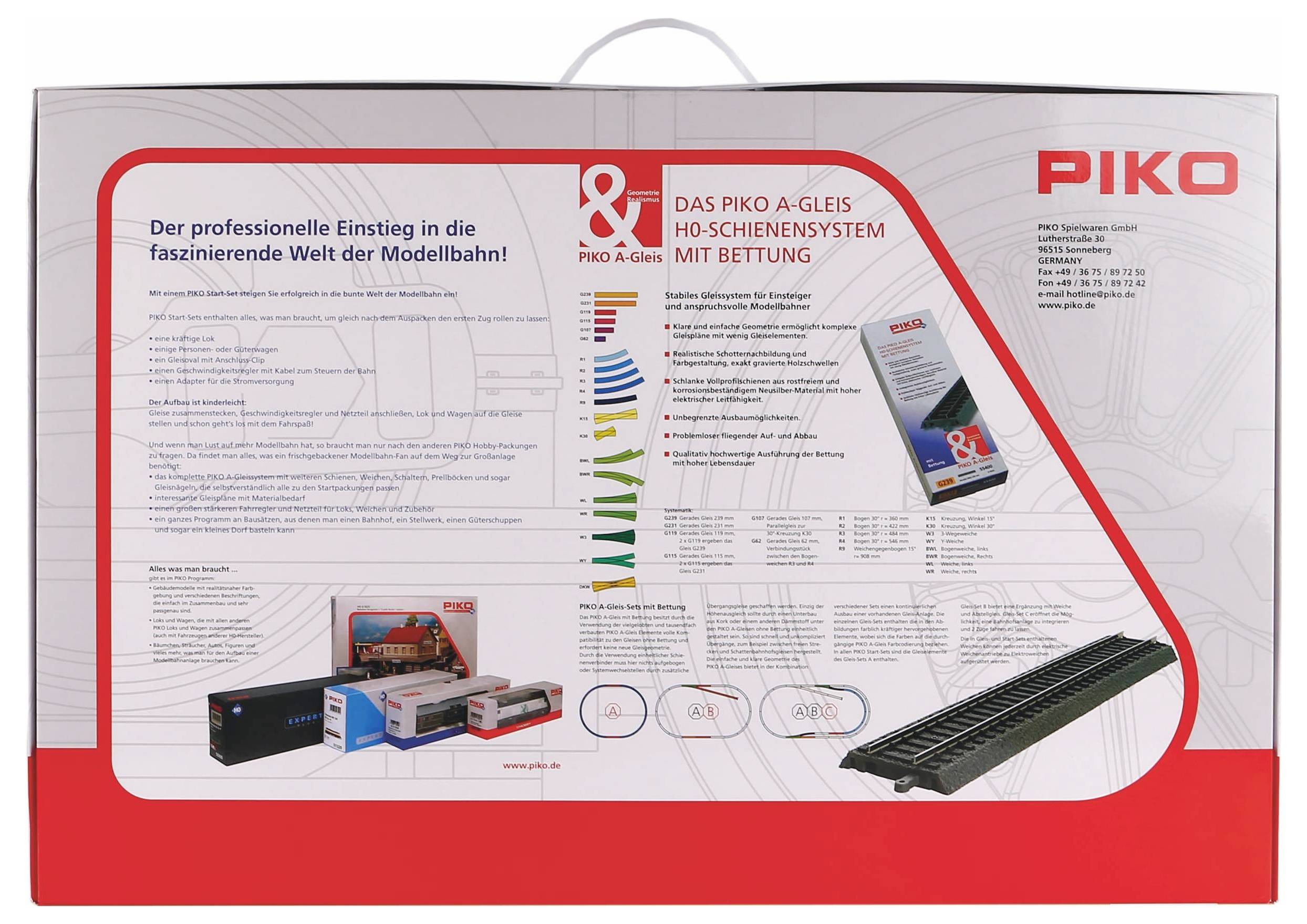 Verpackung eines Modellbahn-Gleissystems von PIKO. Zeigt Produkte, Grafiken und Text zur Beschreibung des A-Gleis HO-Schienen mit Bettung.