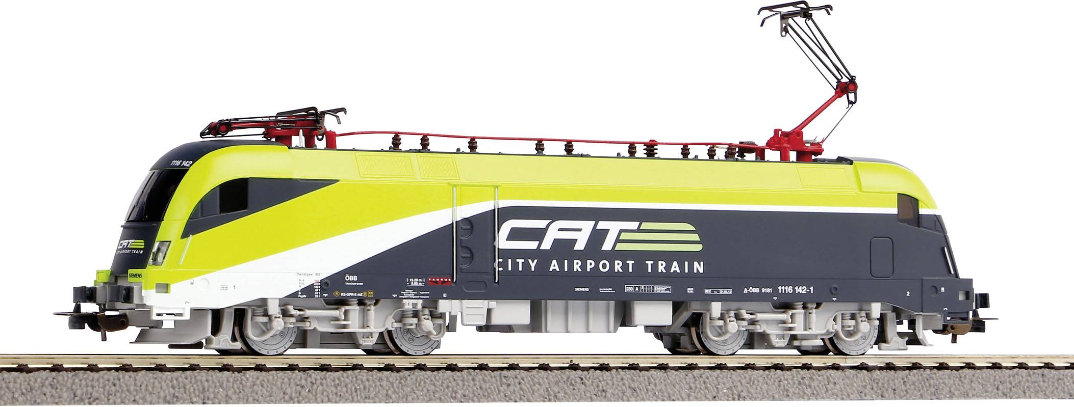 Eine schwarz-gelbe Elektrolokomotive mit der Aufschrift 'CAT City Airport Train' auf einem Gleis.