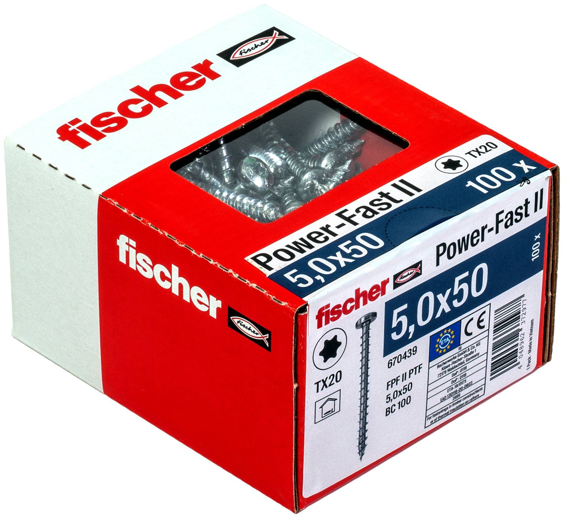 Karton mit fischer Power-Fast II 5.0x50 Schrauben, mit klarem Fenster, in dem sich Metallschrauben befinden, und Produktetikett auf der Vorderseite.