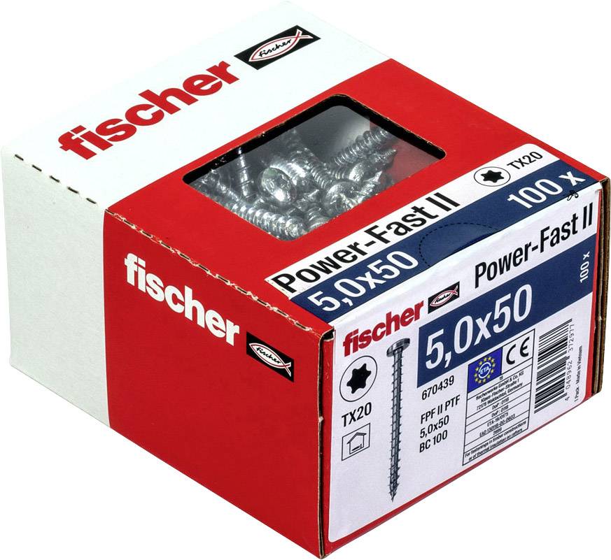 Verpackung von Fischer-Schrauben, Power-Fast II, 5,0x50 mm, 100 Stück, mit Sichtfenster.