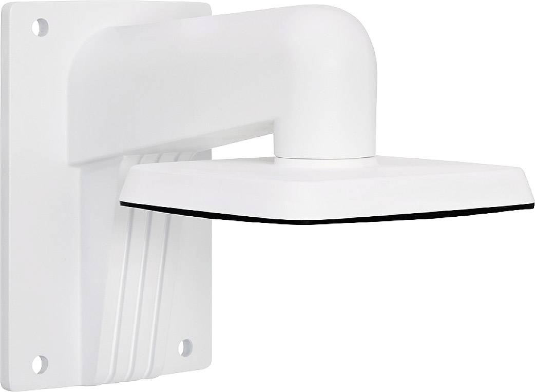 Weiße, rechteckige Halterung mit gebogenem Arm, montiert an einer Wandplatte.