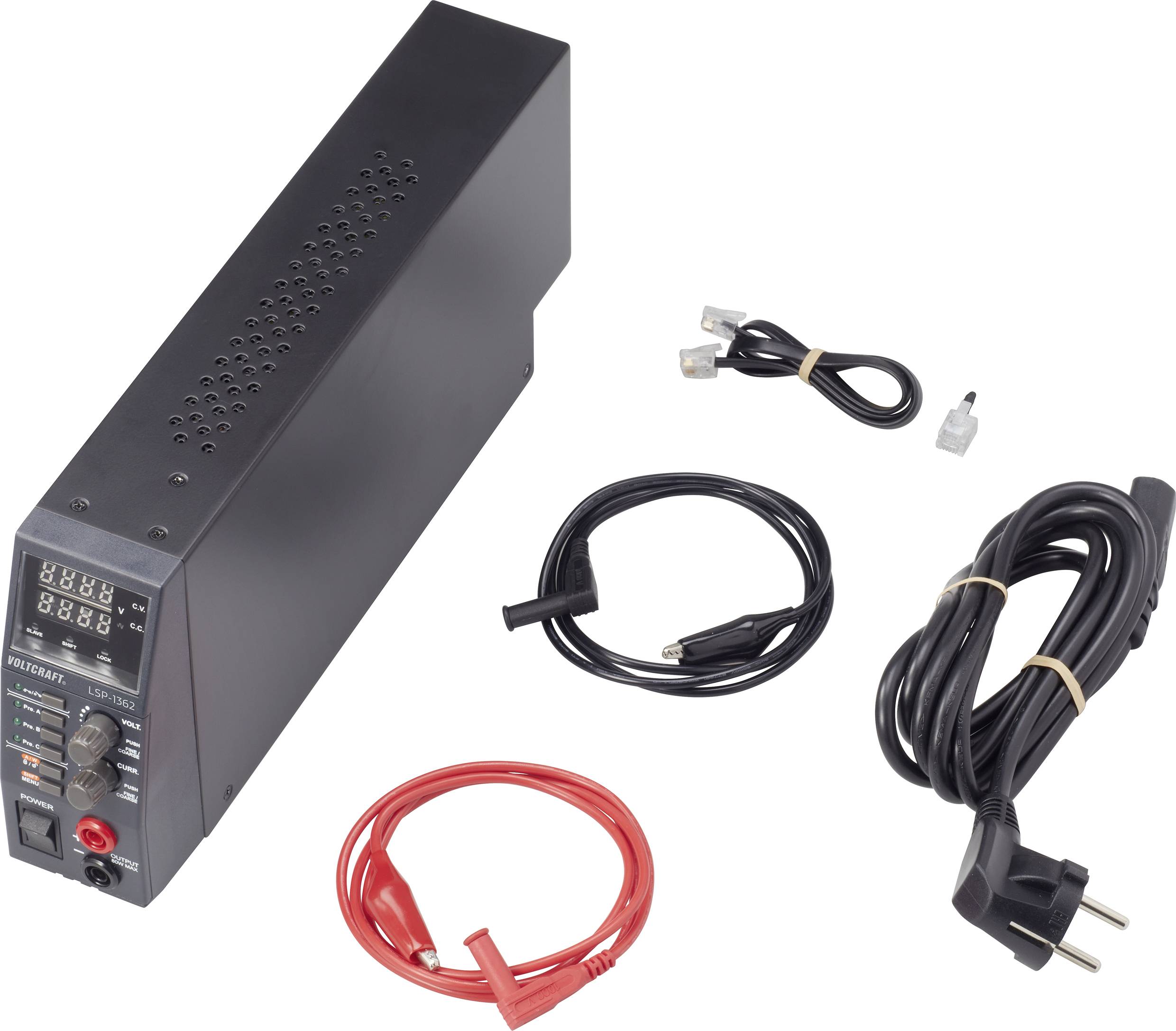 Netzteil mit Kabeln und Steckern. Enthalten sind ein schwarzes Netzteil, ein Netzkabel, ein rotes und schwarzes Kabel sowie zwei kleine Steckverbinder.