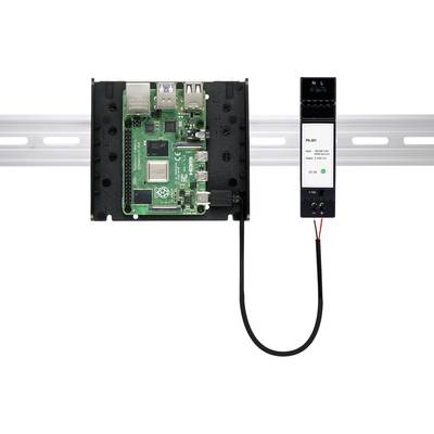 'Ein Einplatinencomputer ist an einer Schiene montiert, verbunden mit einem schwarzen Modul mit LED-Anzeigen und Schalterbeschriftungen.'