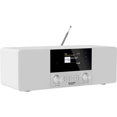 Ein weißes Tischradio mit Antenne und Digitalanzeige. Die Anzeige zeigt den Sender 'STAR*SAT RADIO' und die laufende Musik an.
