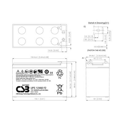 'Technische Zeichnung einer UPS-Batterie. Zeigt Dimensionen und Anschlussdetails, einschließlich FASTON-Anschluss.'