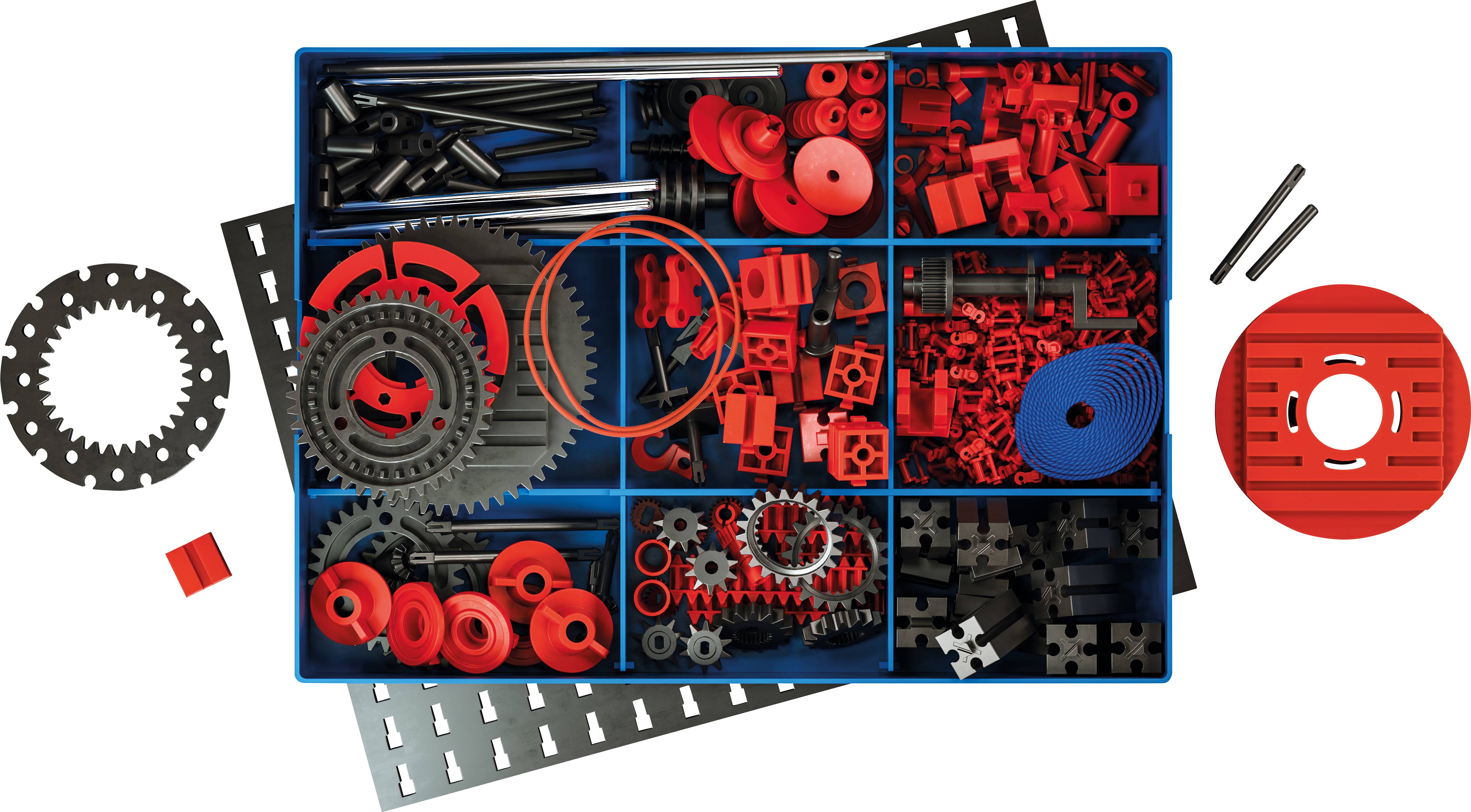Eine blaue Box mit verschiedenem roten und schwarzen Modellbauzubehör, darunter Zahnräder und Stäbe, für technische Konstruktionen.