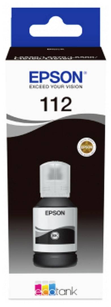 'Schwarze Epson Tintenflasche Modell 112, Teil der EcoTank-Serie. Verpackung zeigt Logo und Auszeichnung oben rechts.'