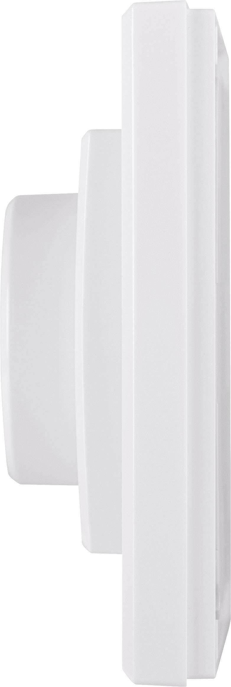 Weiße, seitliche Ansicht eines quadratischen Geräts mit hervorstehender Rundung, möglicherweise ein Schalter oder Thermostat.