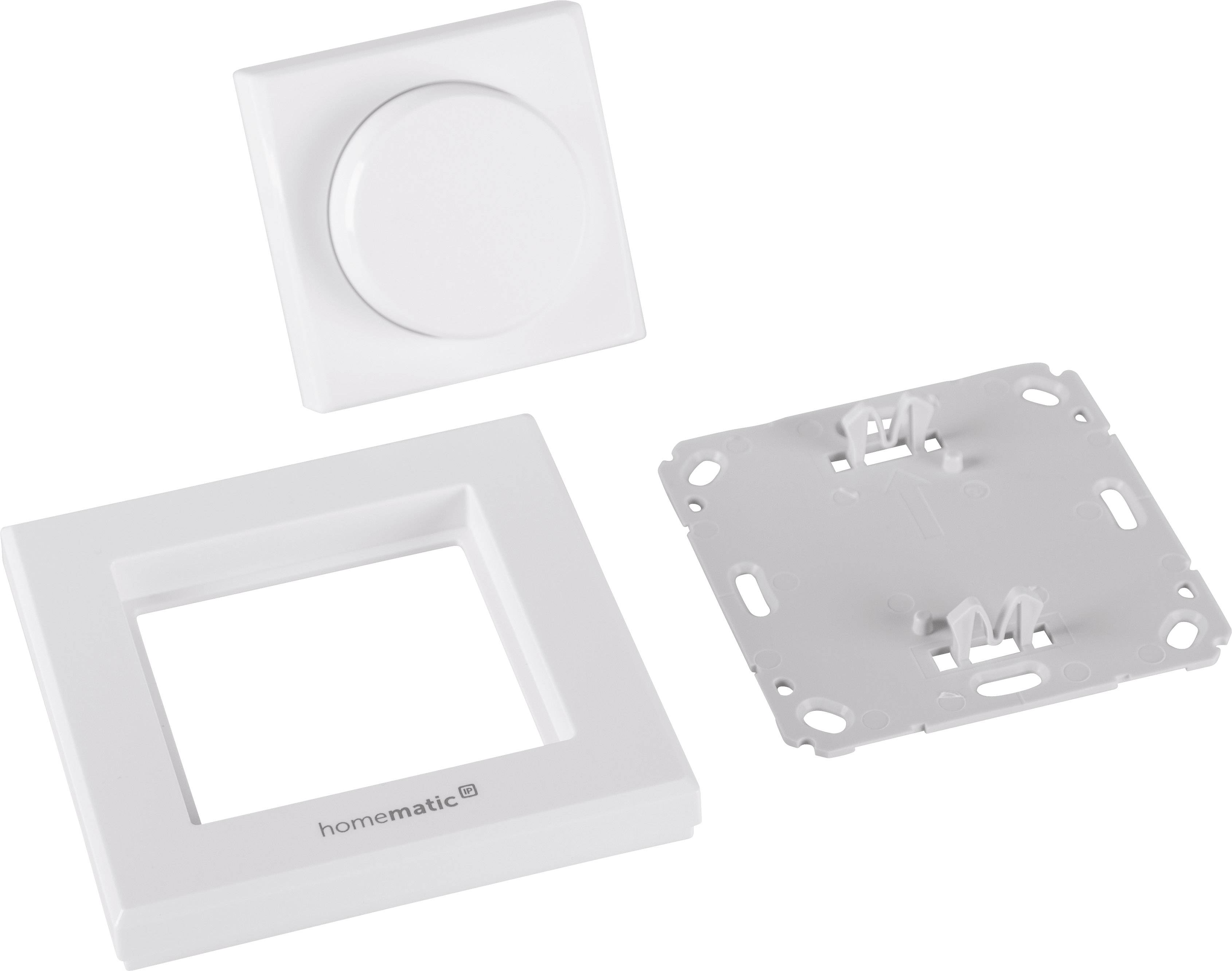 'Schaltaktor  für Hutschienenmontage' mit weißem Gehäuse. Drei Teile: Rahmen, Abdeckung und Montageplatte, geeignet für smarte Heimautomation.